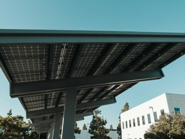 A contemporary solar panel installation in a city environment, showcasing renewable energy.